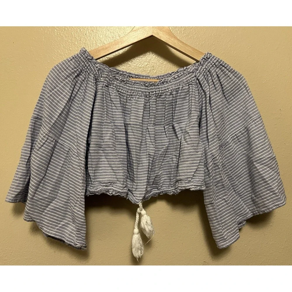 Olympic Gregory Grigoropoulos Blue White Stripe Crop‎ Peasant Blouse Top Greece